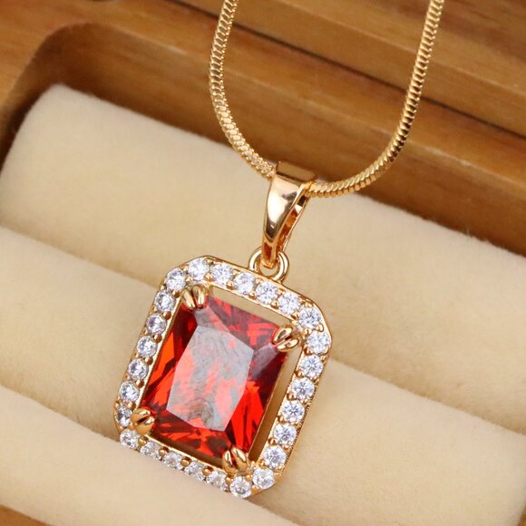 "Red Emerald-Cut Stone Pendant with Crystals in Rose Gold, XPPT1572 - Picture 1 of 13